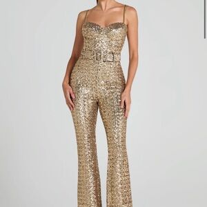 NADINE MERABI Gold Sequin Flare Jumpsuit